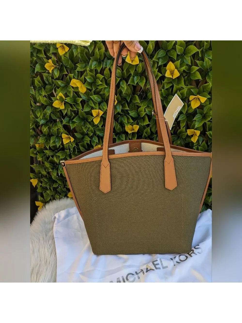 Michael Kors Emilia Large Tote Bag Olive Canvas Brown Leather Trim Gold Hardware
